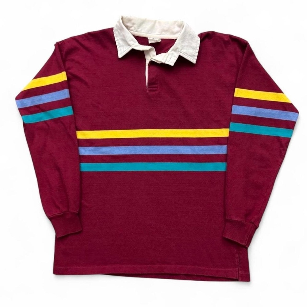Vintage Rugger Rugby Polo Color Block Striped Shirt Preppy L
